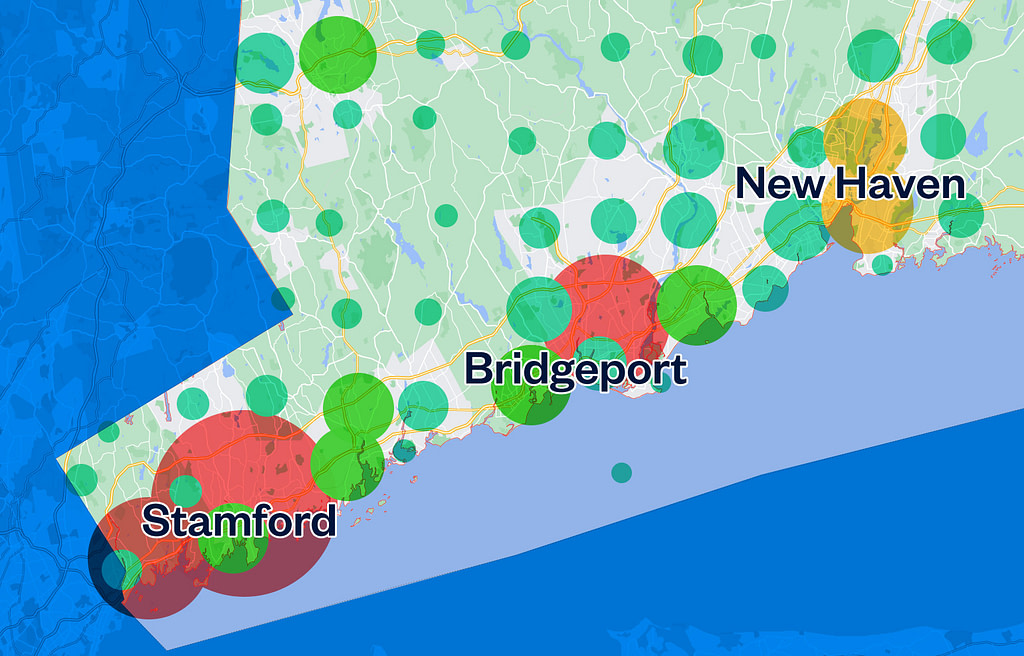 Density map demonstrates the concentration of online casino and sports betting activity in Connecticut